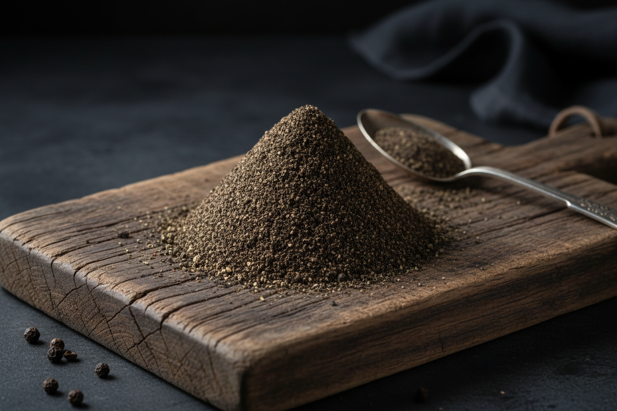 black pepper ground spices as one spice on  a rustic chopping board with dark premium background