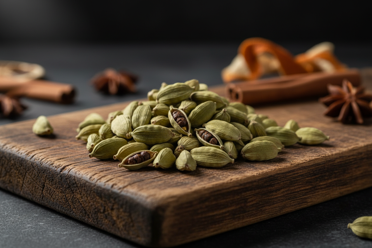cardamom spices as one spice on  a rustic chopping board with dark premium background