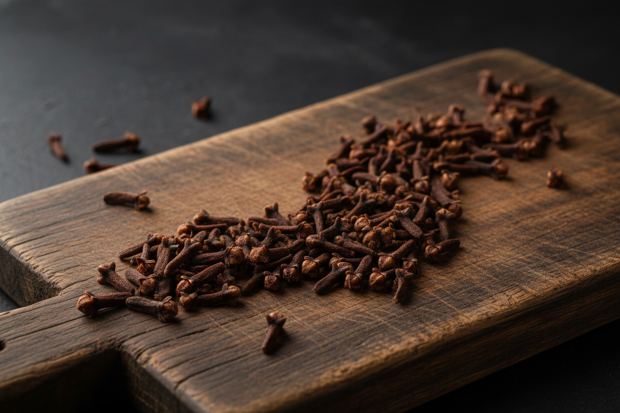 cloves spices as one spice on  a rustic chopping board with dark premium background