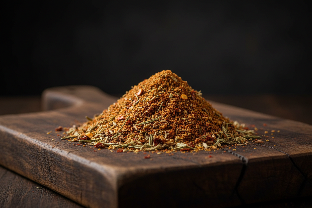 Lamb bbq spices as one spice on  a rustic chopping board with dark premium background