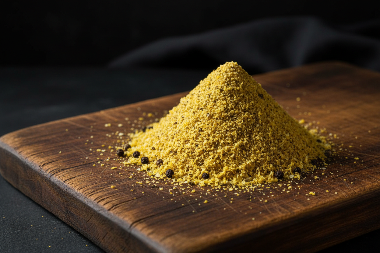 Lemon pepper  spices as one spice on  a rustic chopping board with dark premium background