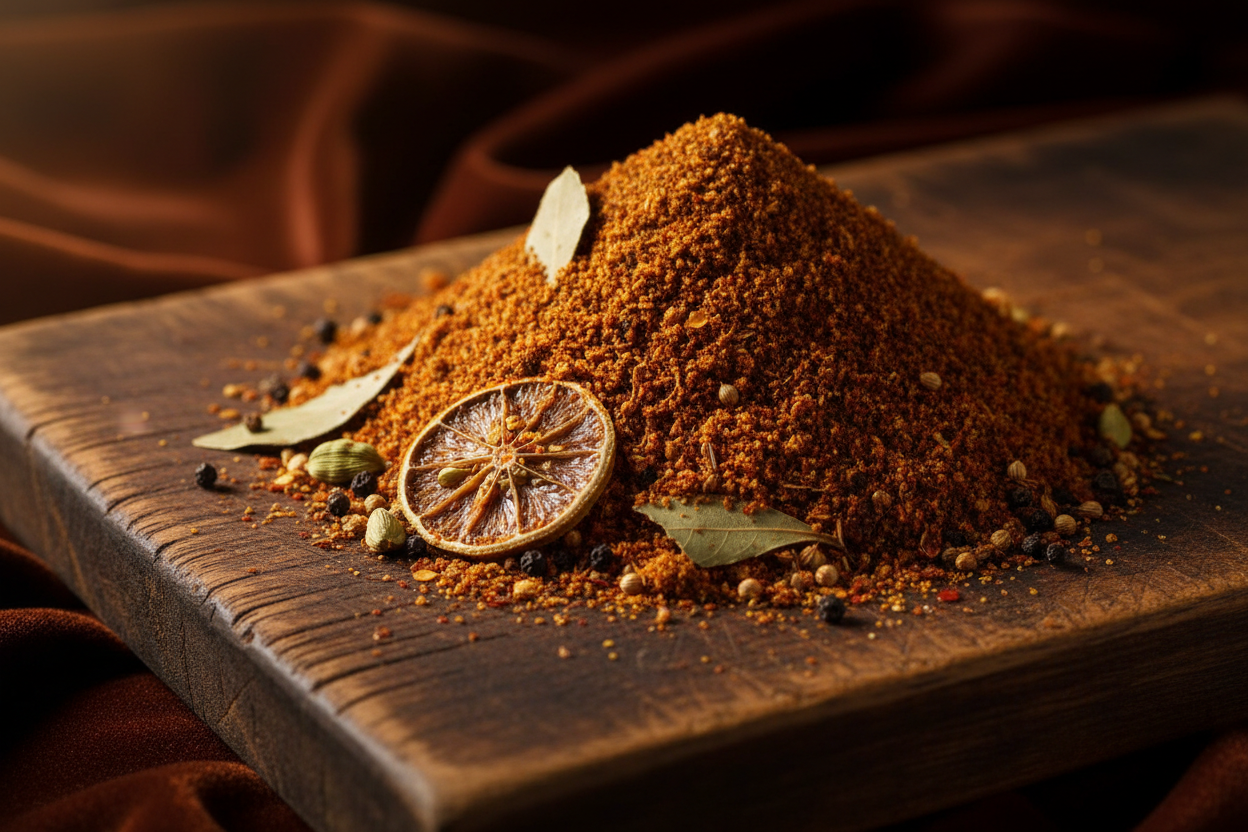 mear shawarma spices as one spice on  a rustic chopping board with dark premium background