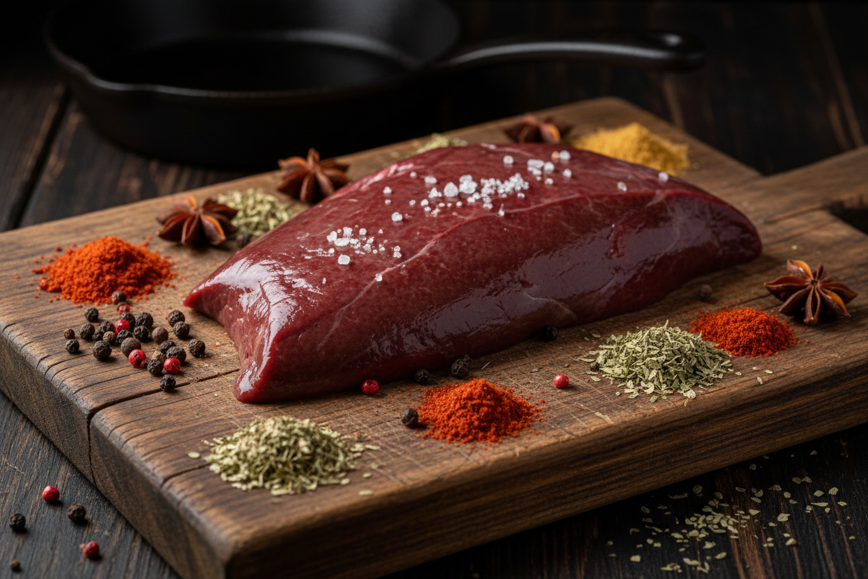 Raw beef liver on a rustic chopping board with spices around and dark background