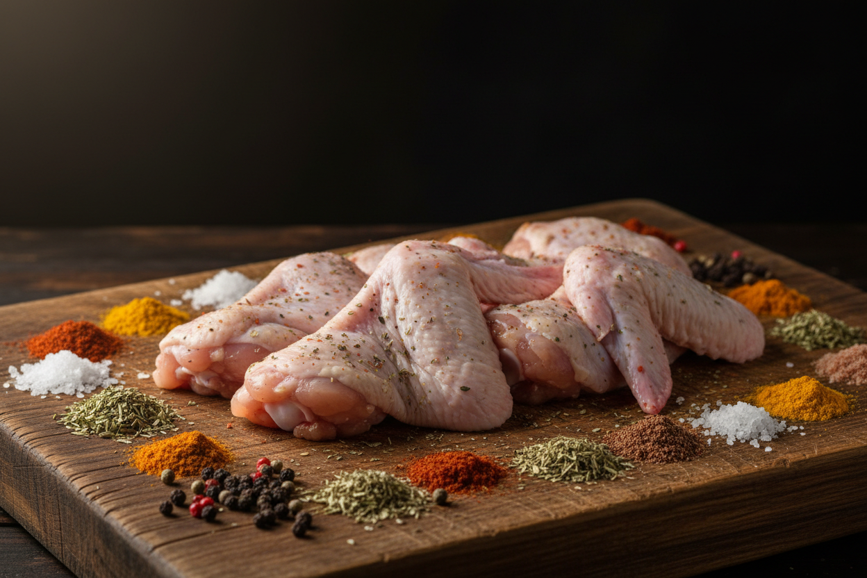 raw chicken wings on rustic chopping board with spices around and dark background