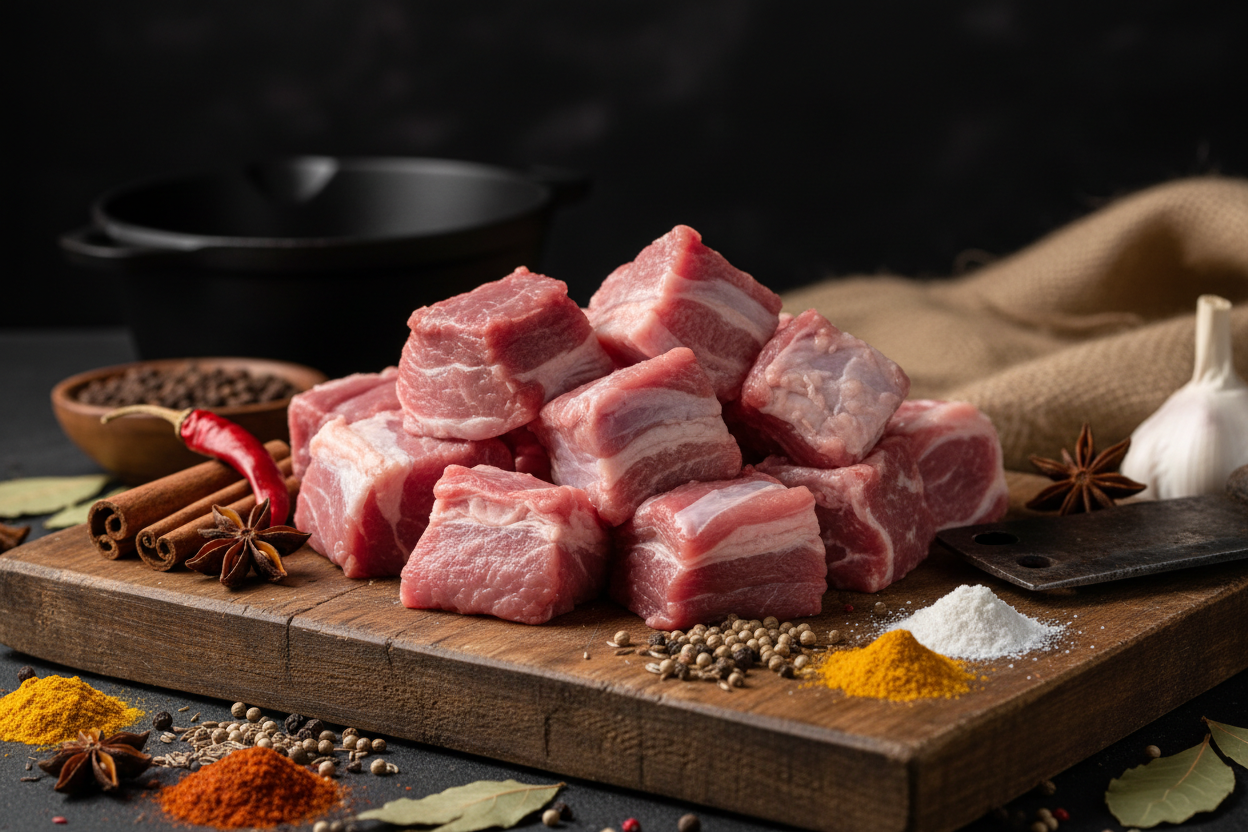 raw diced lamb with bone for cooking  on rustic chopping board with spices around and dark background
