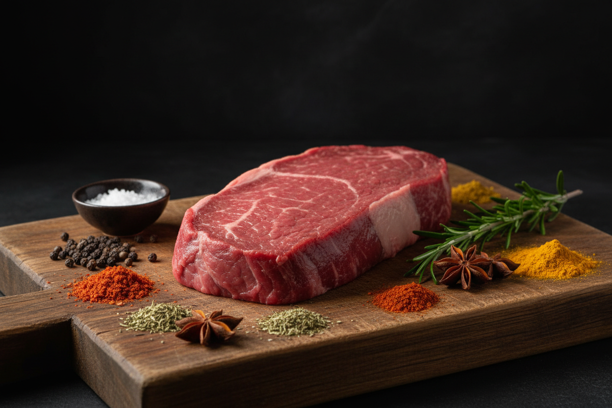 raw eye fillet on rustic chopping board with spices around and dark background