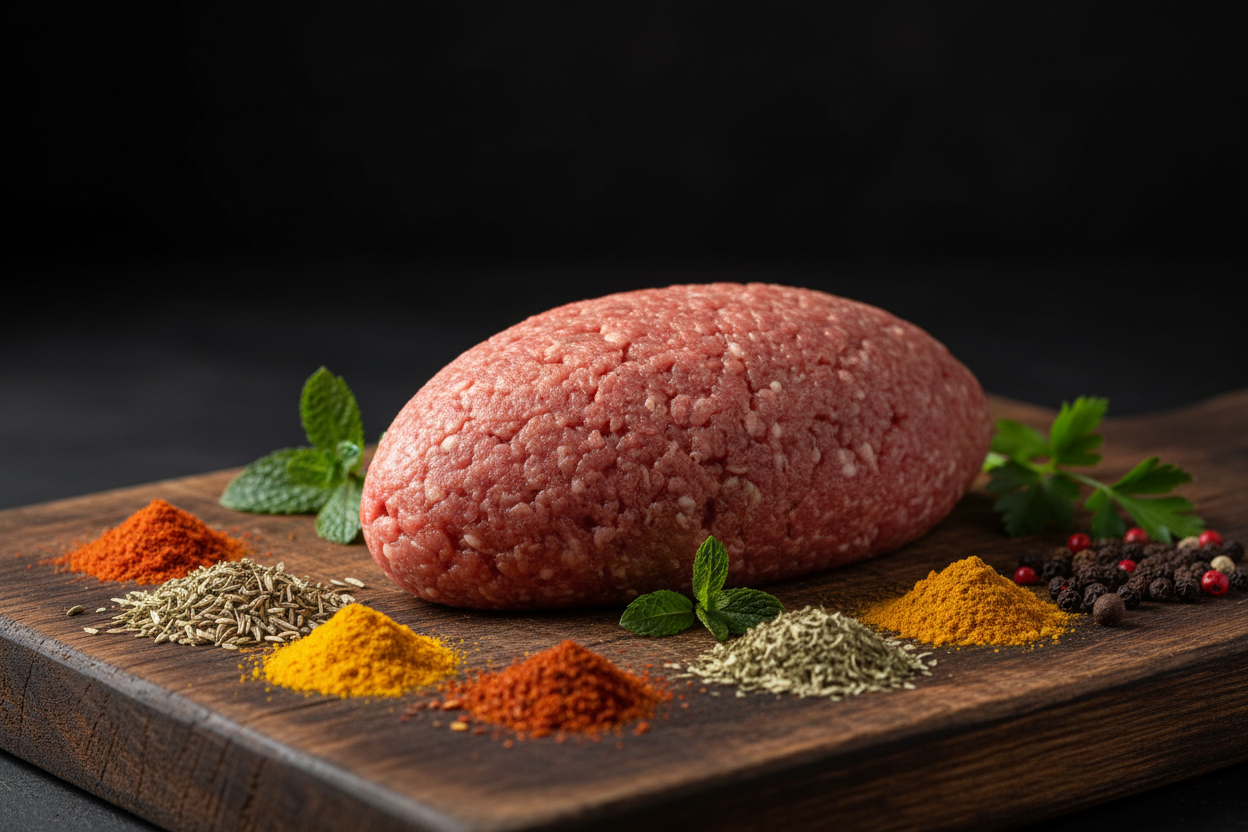 raw kebba meat on rustic chopping board with spices around and dark background