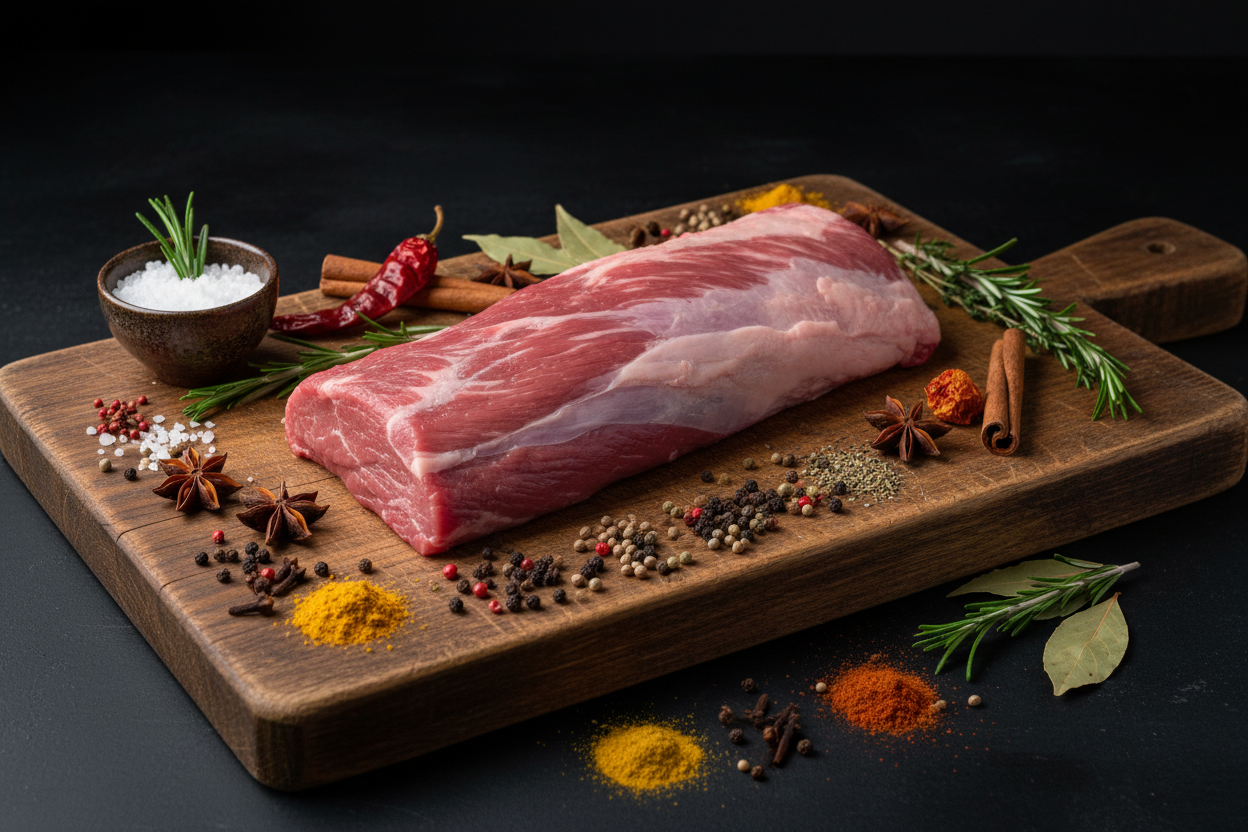 raw lamb fillet on rustic chopping board with spices around and dark background
