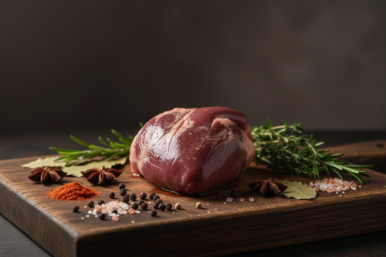 Raw lamb heart  on a rustic chopping board with spices around and dark background
