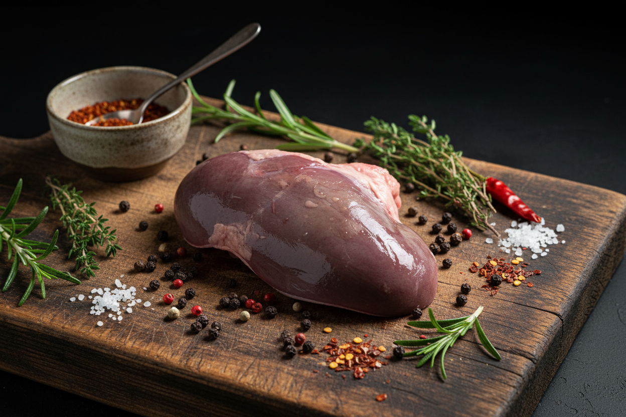 Raw lamb kidney on a rustic chopping board with spices around and dark background