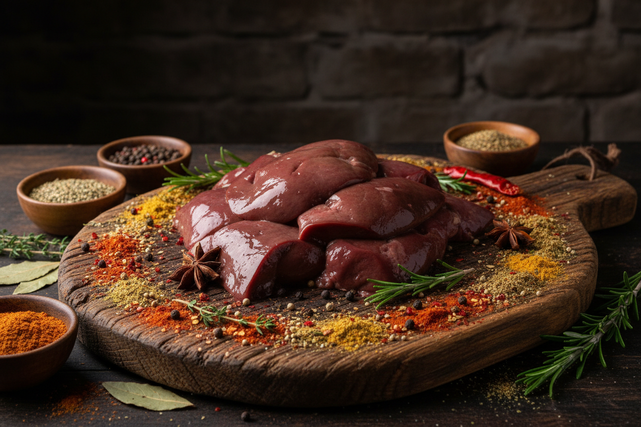 raw lamb liver  on rustic chopping board with spices around and dark background