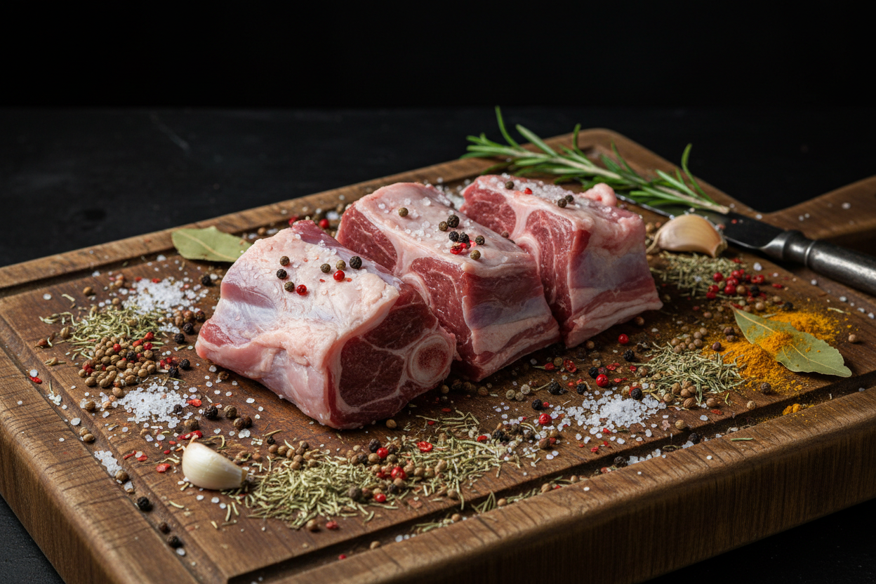 raw lamb neck on rustic chopping board with spices around and dark background