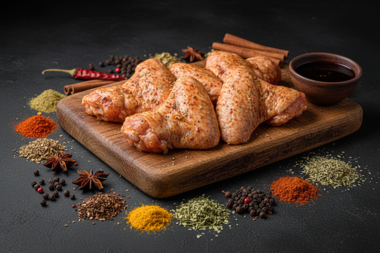 raw marinated chicken wings on rustic chopping board with spices around and dark background