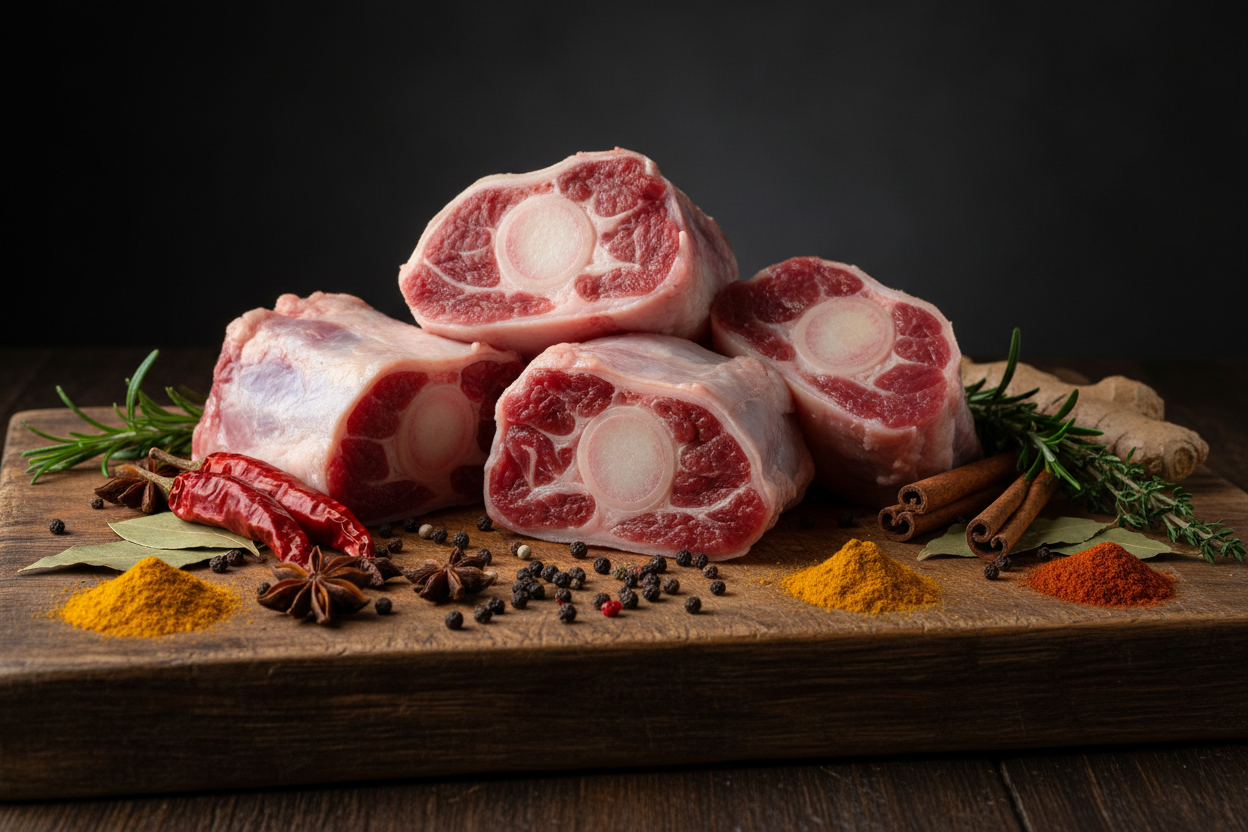raw  ox tail on rustic chopping board with spices around and dark background