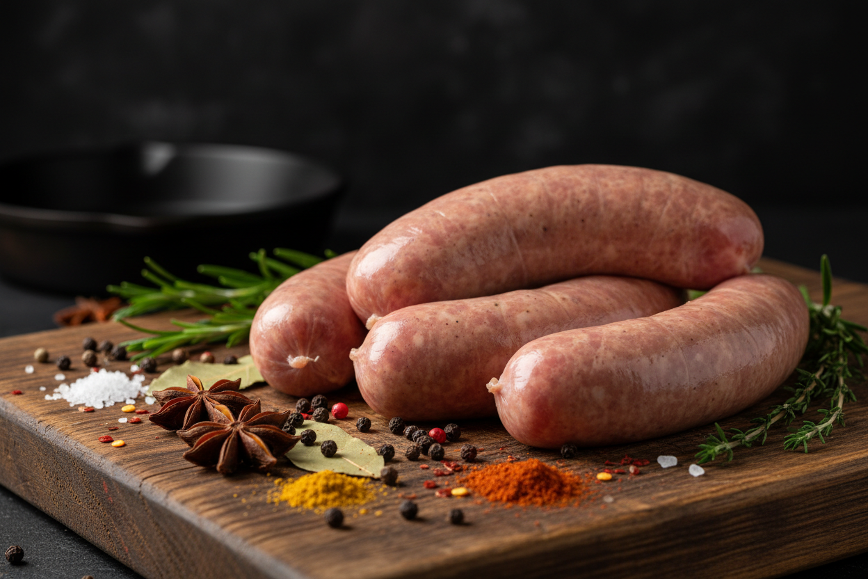 raw sausage on rustic chopping board with spices around and dark background