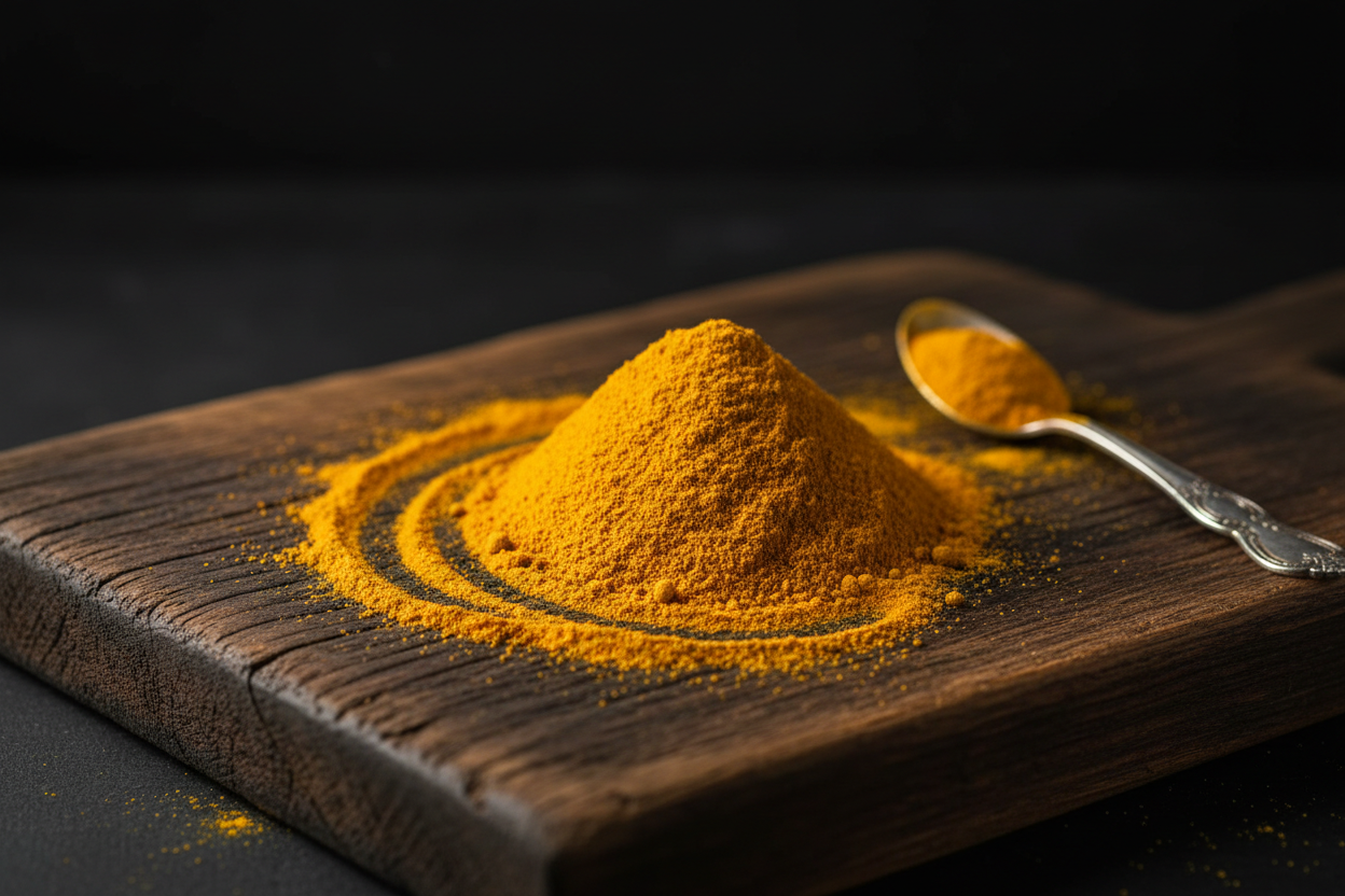turmeric  spices as one spice on  a rustic chopping board with dark premium background